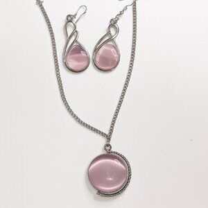 Pink Cat's Eye Glass Necklace & Earring Set - Elegant Silver Tone